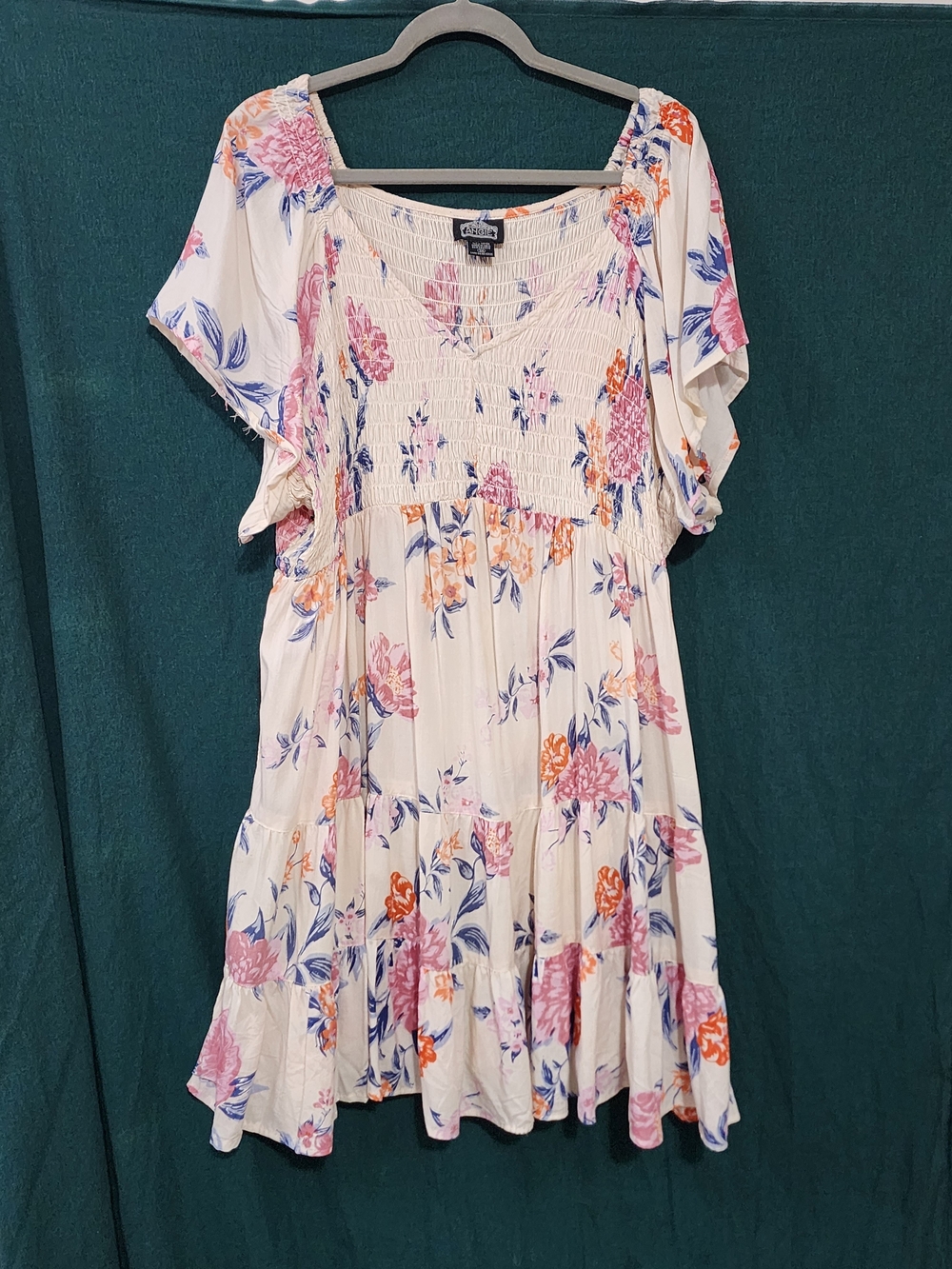 Floral Printed Short Flutter Sleeve V-Neck Smocked Tiered Dress